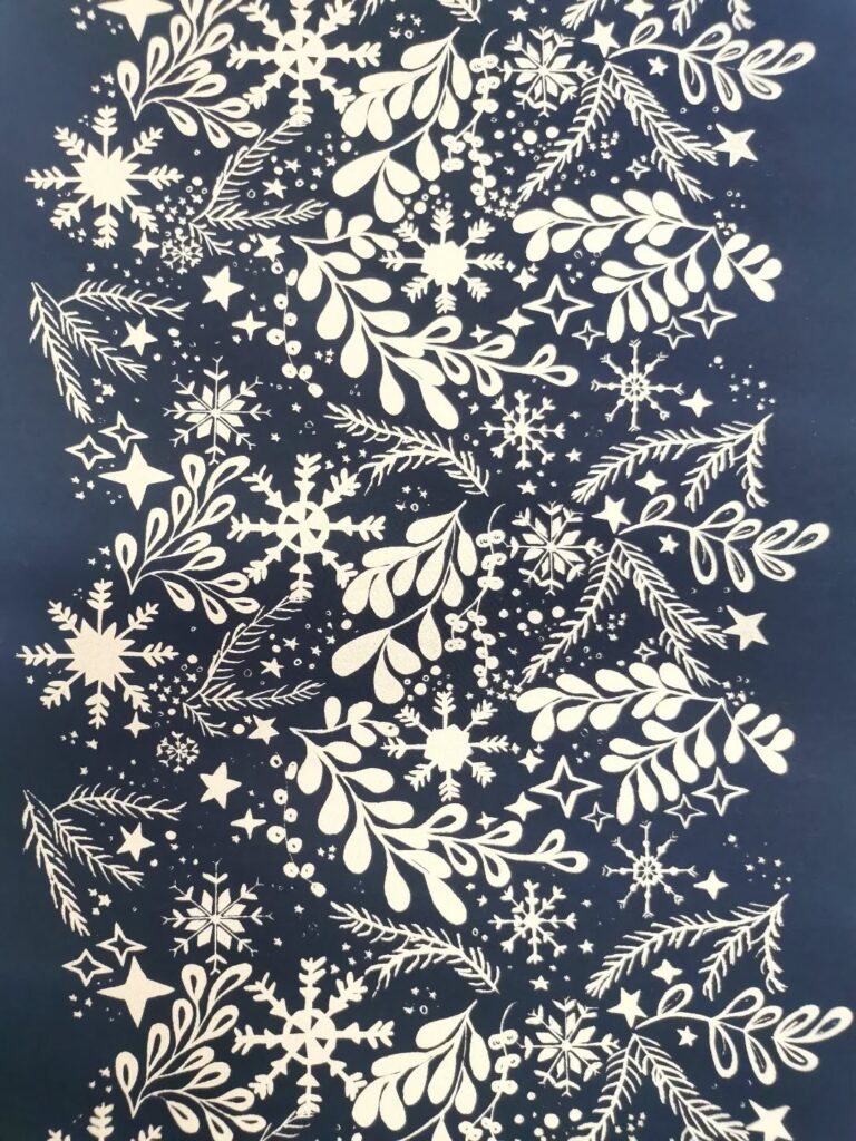 White snowflakes, stars, and leafy branches create a festive, intricate pattern on a dark blue background, evoking a winter or holiday theme.