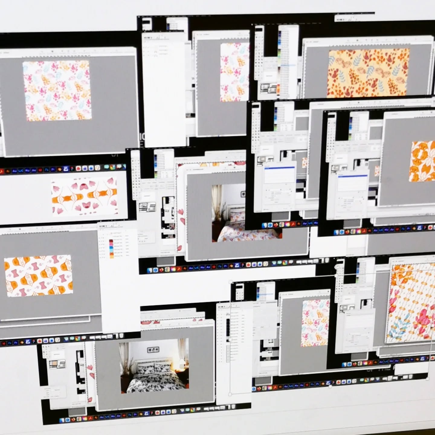 A computer screen displays multiple overlapping windows showing floral patterns and photos of beds with patterned bedding, creating a layered, cluttered effect.