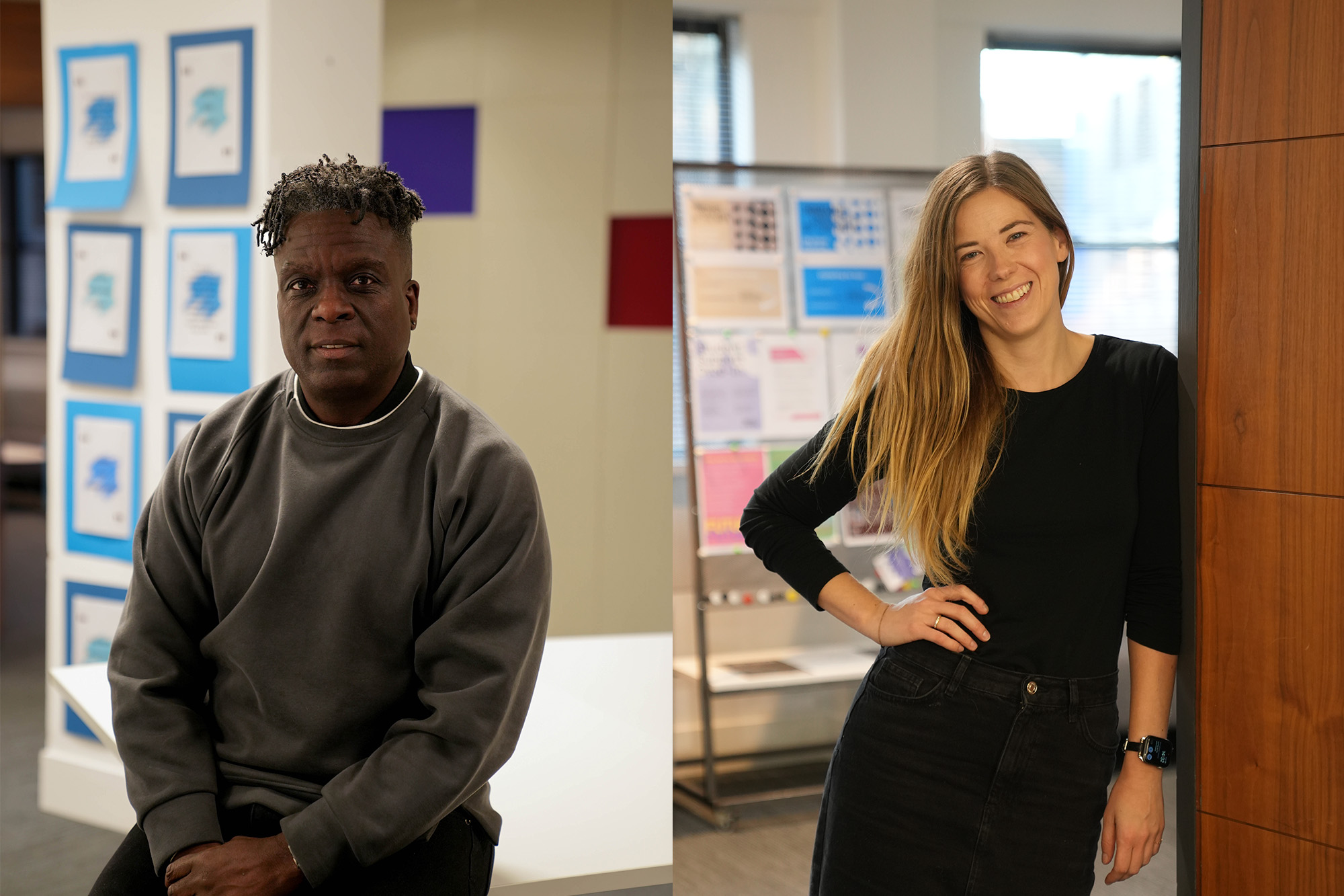 A split image shows two people. One sits on a desk, the other leans against a wooden wall. Both are in a university setting.