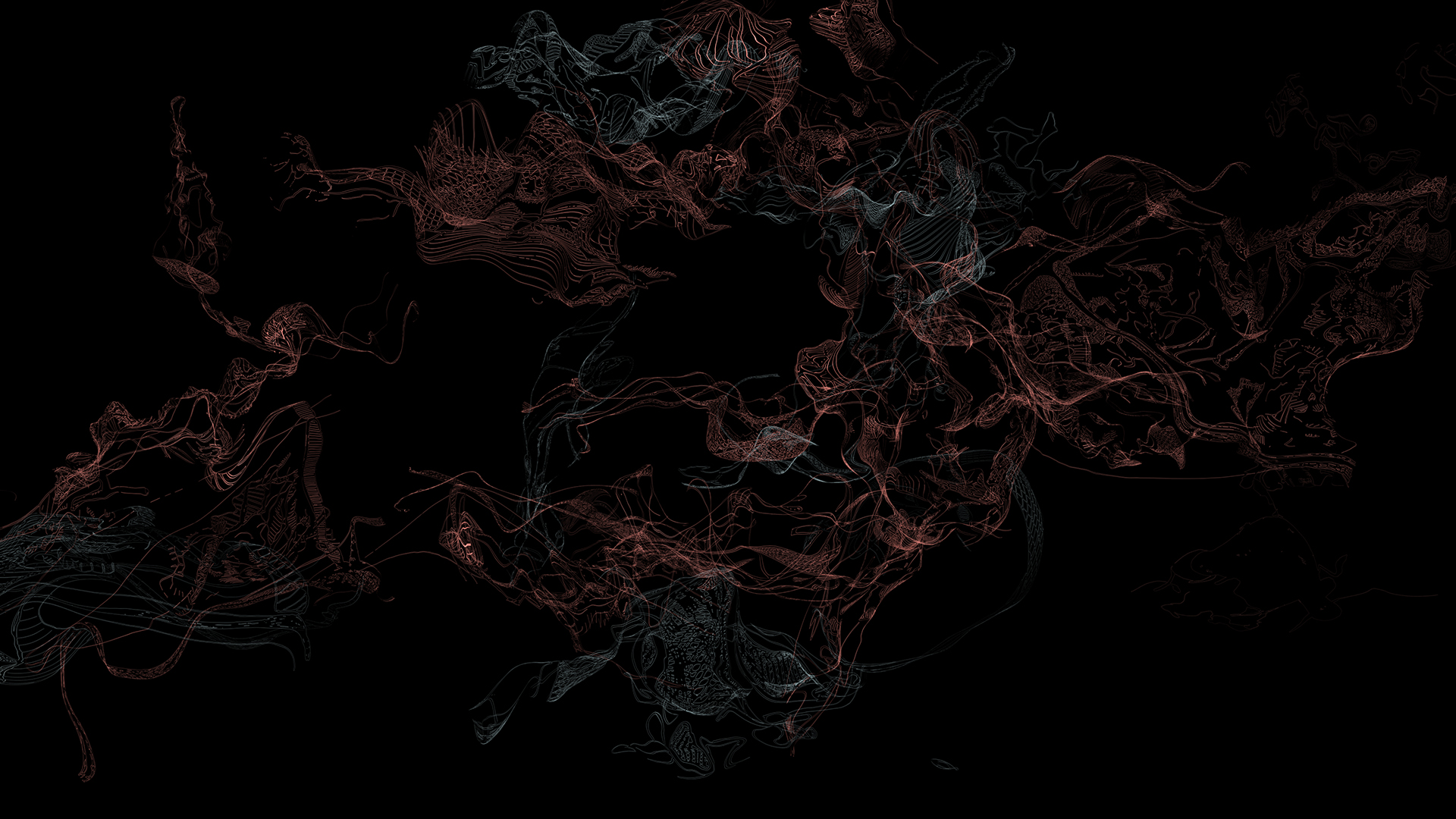 Abstract digital art featuring intricate, wispy red and blue lines swirling and overlapping on a solid black background, creating a sense of motion and organic flow.