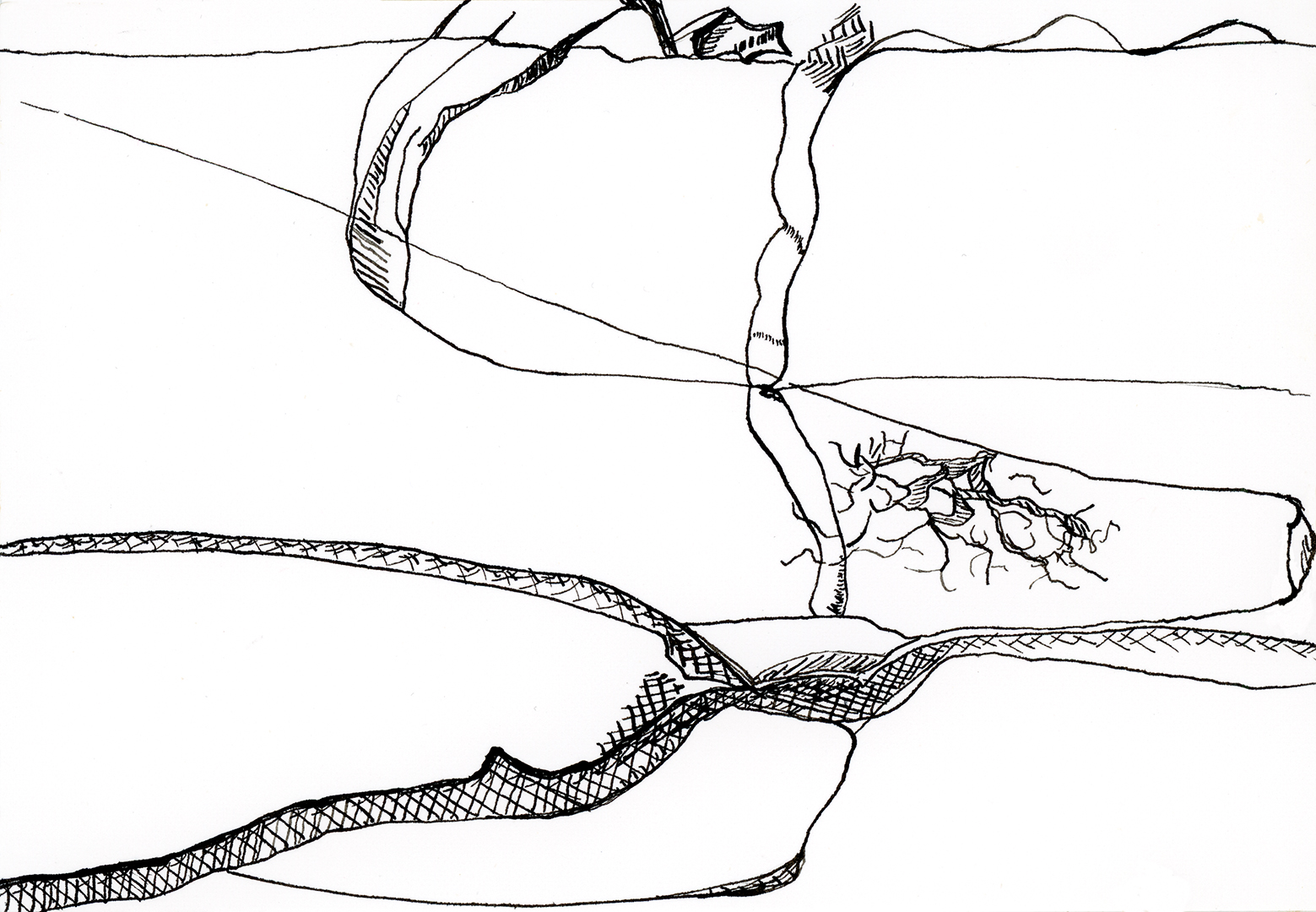 Black ink drawing of an abstract landscape with curving lines, shaded areas, and a central split revealing root-like shapes. Sparse details suggest hills and valleys in a minimalist, organic style. No visible people or animals.