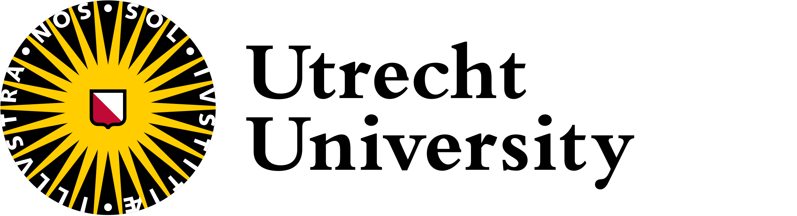 The Utrecht University logo features a stylized black and yellow sunburst seal with a red and white shield, next to the words "Utrecht University" in bold black text.