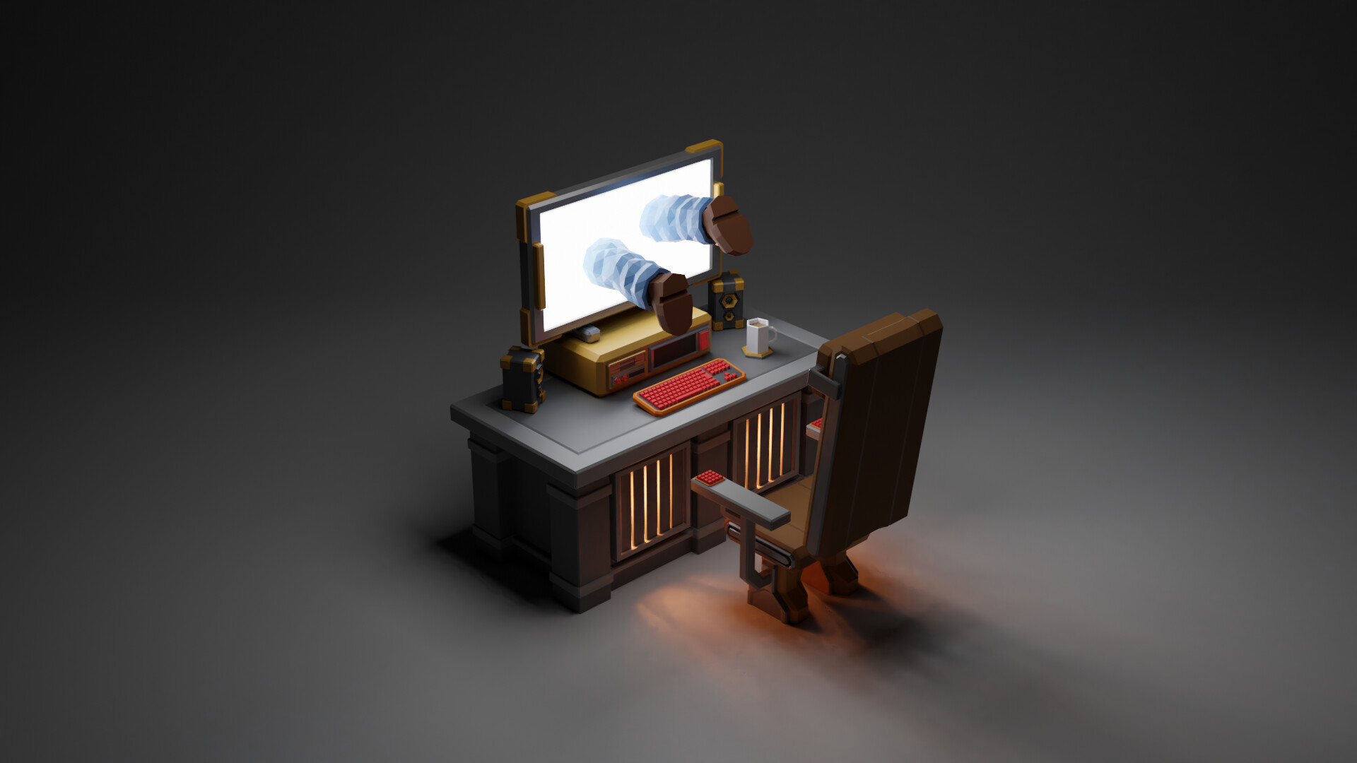A stylized 3D illustration of a desk with a computer and chair. Robotic arms extend from the monitor, reaching toward the keyboard—evoking an Online Open Day set dramatically against a dark background.