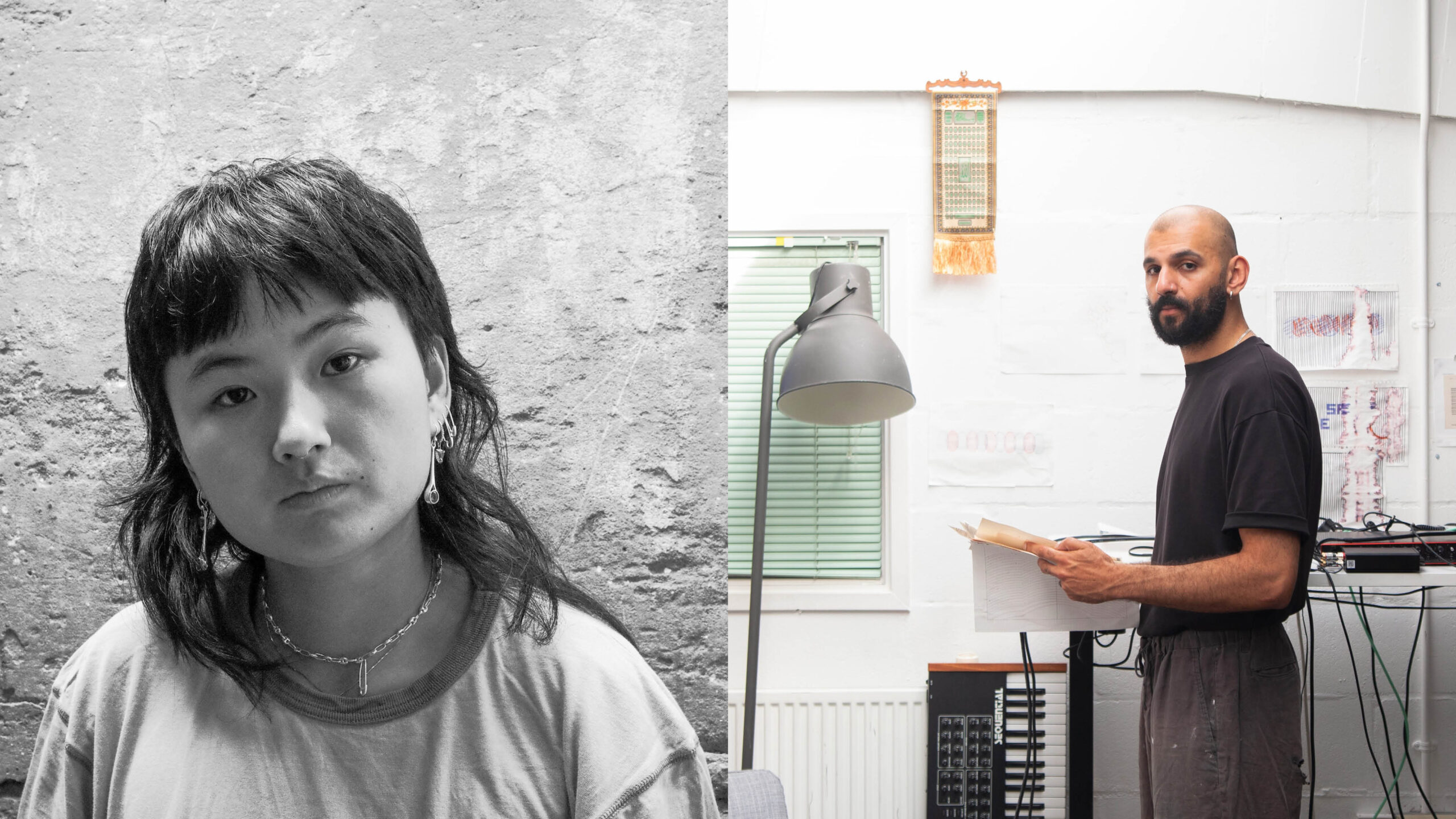 The image is split in two: on the left, a woman with short, dark hair and earrings looks at the camera against a textured wall; on the right, inside East Gallery, a bearded man stands near music equipment holding papers.