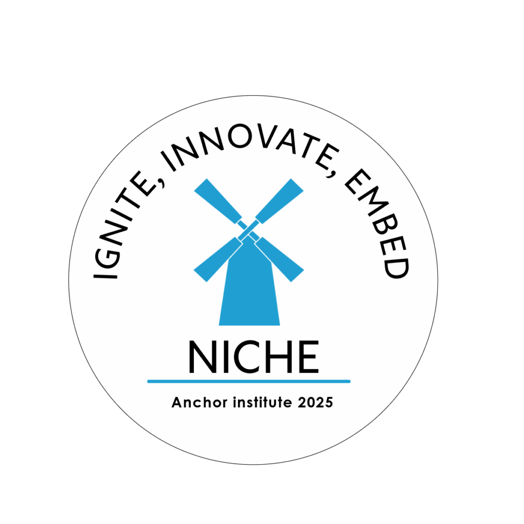 A circular logo with a blue windmill in the center, surrounded by the words "IGNITE, INNOVATE, EMBED." Below the windmill, “NICHE” is written, followed by “Anchor institute 2025.”.