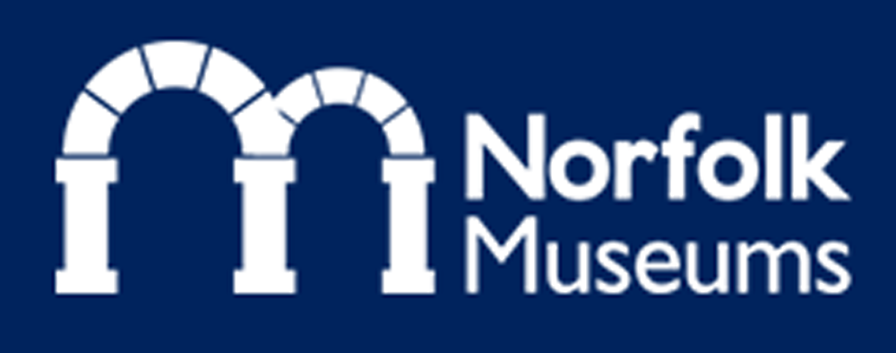 Logo of Norfolk Museums featuring two white arches forming an “M” shape on a dark blue background, with the text “Norfolk Museums” in white to the right of the arches.