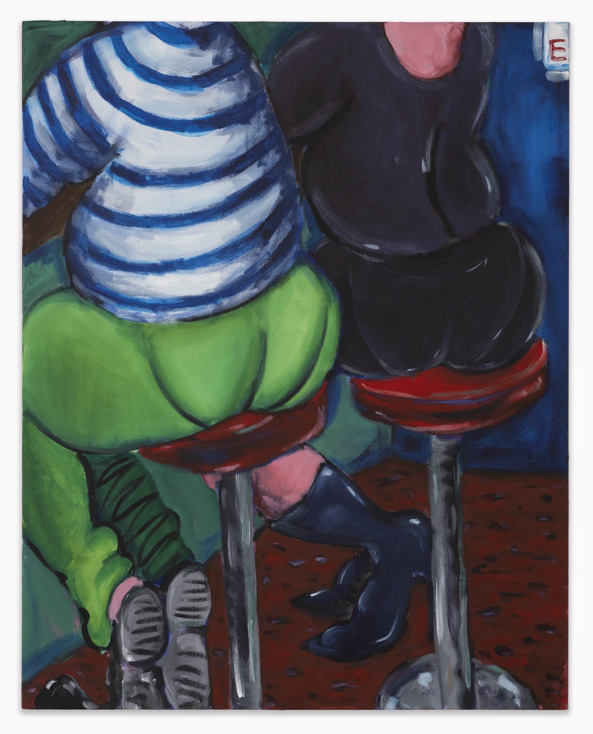 Two people sit side by side on red bar stools, seen from behind, as if part of an exhibition. One wears a blue-and-white striped shirt with green pants; the other wears black clothes and boots. The style is bold, with bright colors and curved forms.