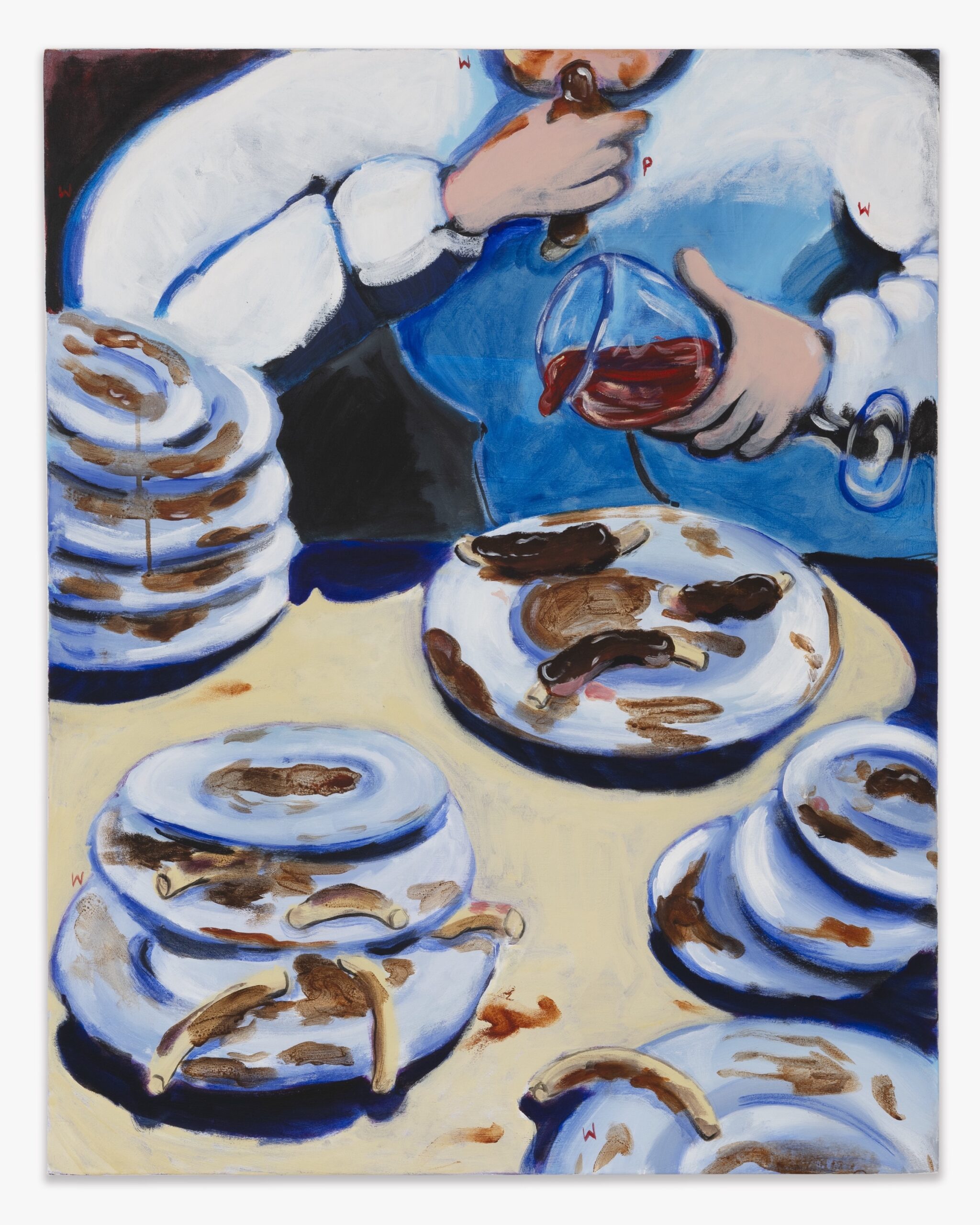 A painting of a person pouring syrup onto nearly empty plates stacked high, with only remnants of pancakes and syrup left. The scene suggests a large meal has just been finished. The background is blue.