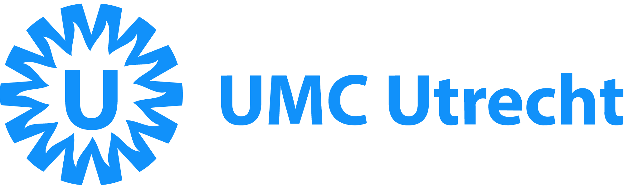 The logo of UMC Utrecht featuring a blue stylized starburst with a "U" in the center, next to the text "UMC Utrecht" in blue on a light background.