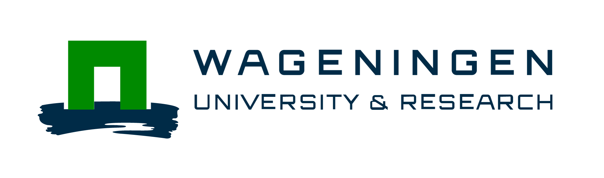 Logo of Wageningen University & Research featuring a green abstract symbol above a dark blue brushstroke, with the text "WAGENINGEN UNIVERSITY & RESEARCH" in bold blue letters to the right.