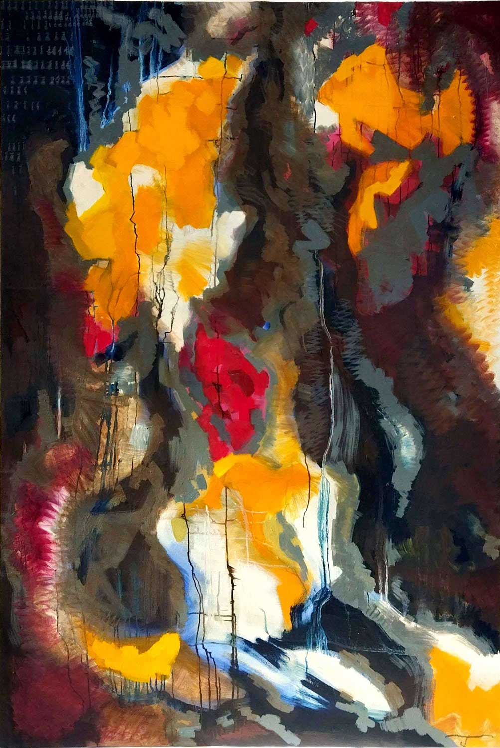 Abstract painting with bold patches of yellow, red, white, and blue, featuring flowing dark vertical lines and textured strokes, creating a sense of depth and movement throughout the composition.