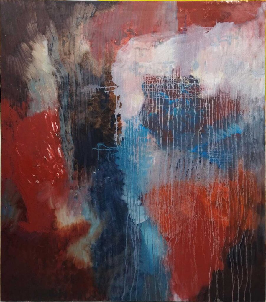 Abstract painting with bold strokes and drips of red, blue, white, and black. The colors blend and overlap, with vertical streaks running down the canvas, creating a dynamic and textured composition.