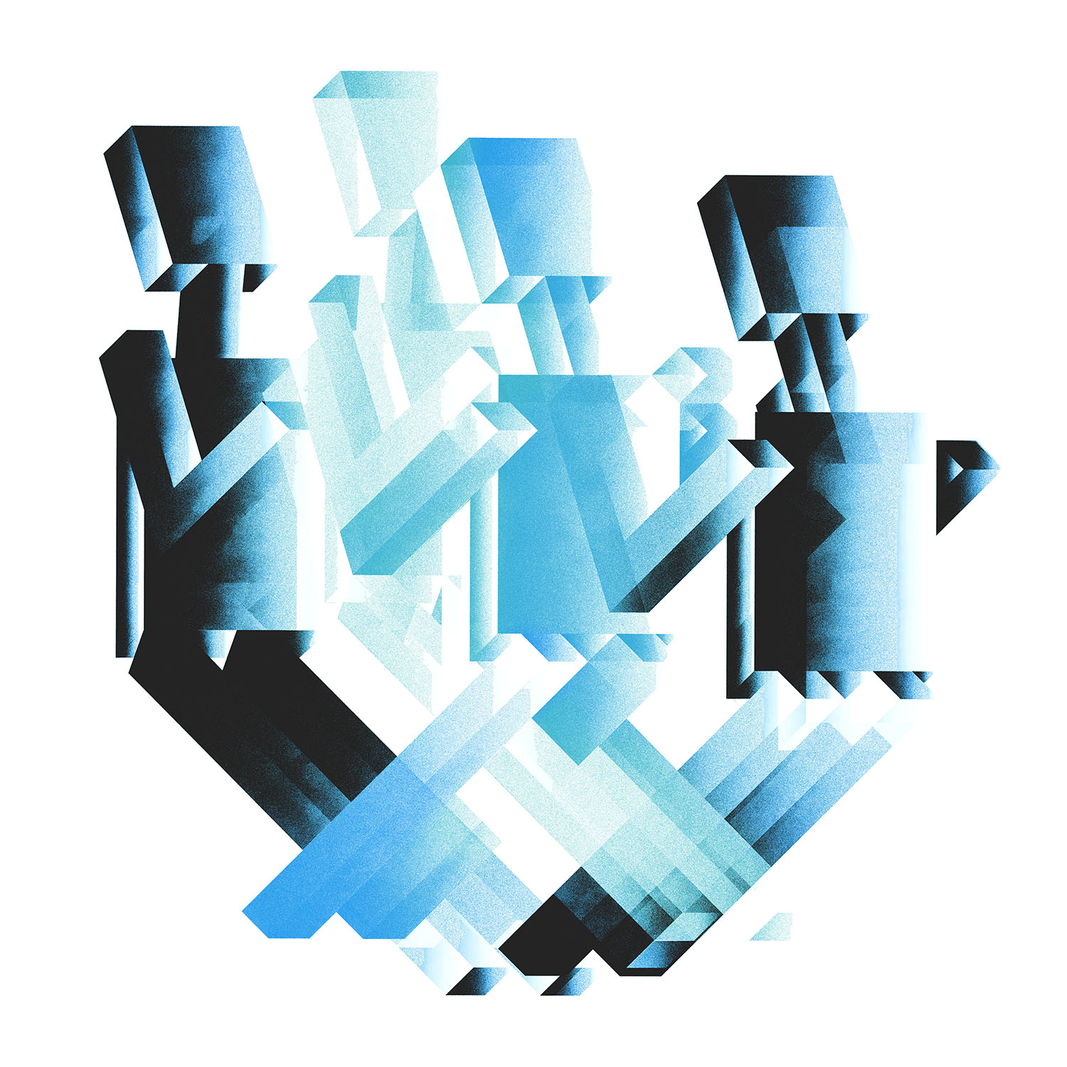 Four blocky, geometric human figures in shades of blue and black, overlapping and semi-transparent, standing in a row against a white background.