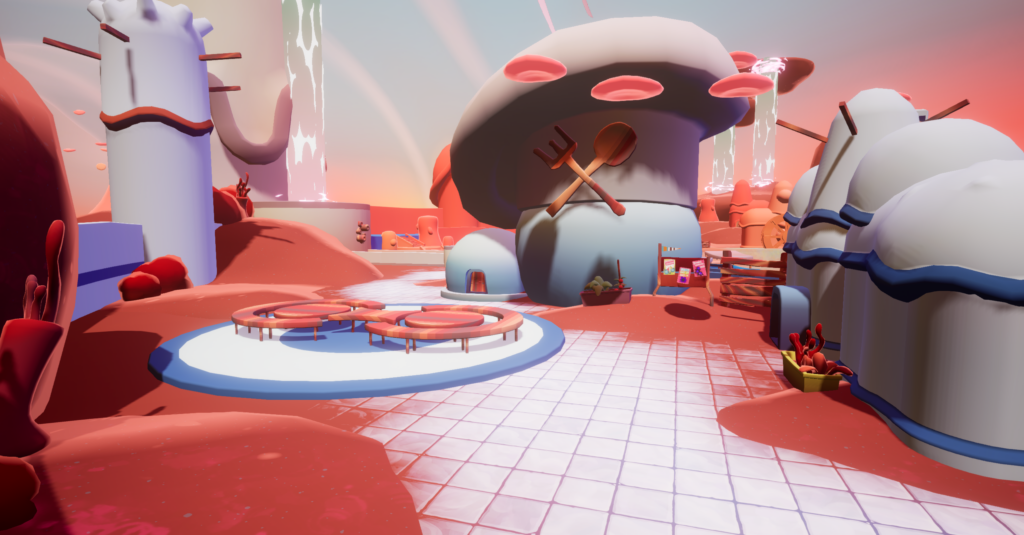 A whimsical, colorful landscape with mushroom-shaped buildings, oversized utensils on one structure, round tables, and smooth, organic shapes, all in vibrant pastel hues and soft lighting. The scene feels playful and fantastical.