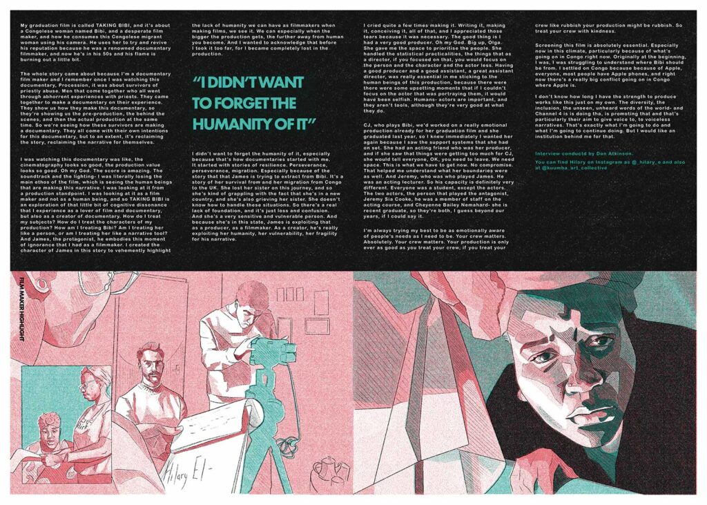 A magazine spread features text and stylised illustrations of filmmakers at work: one group filming a scene with a camera, another close-up of a person's face, all shaded in teal, pink, and grey tones.
