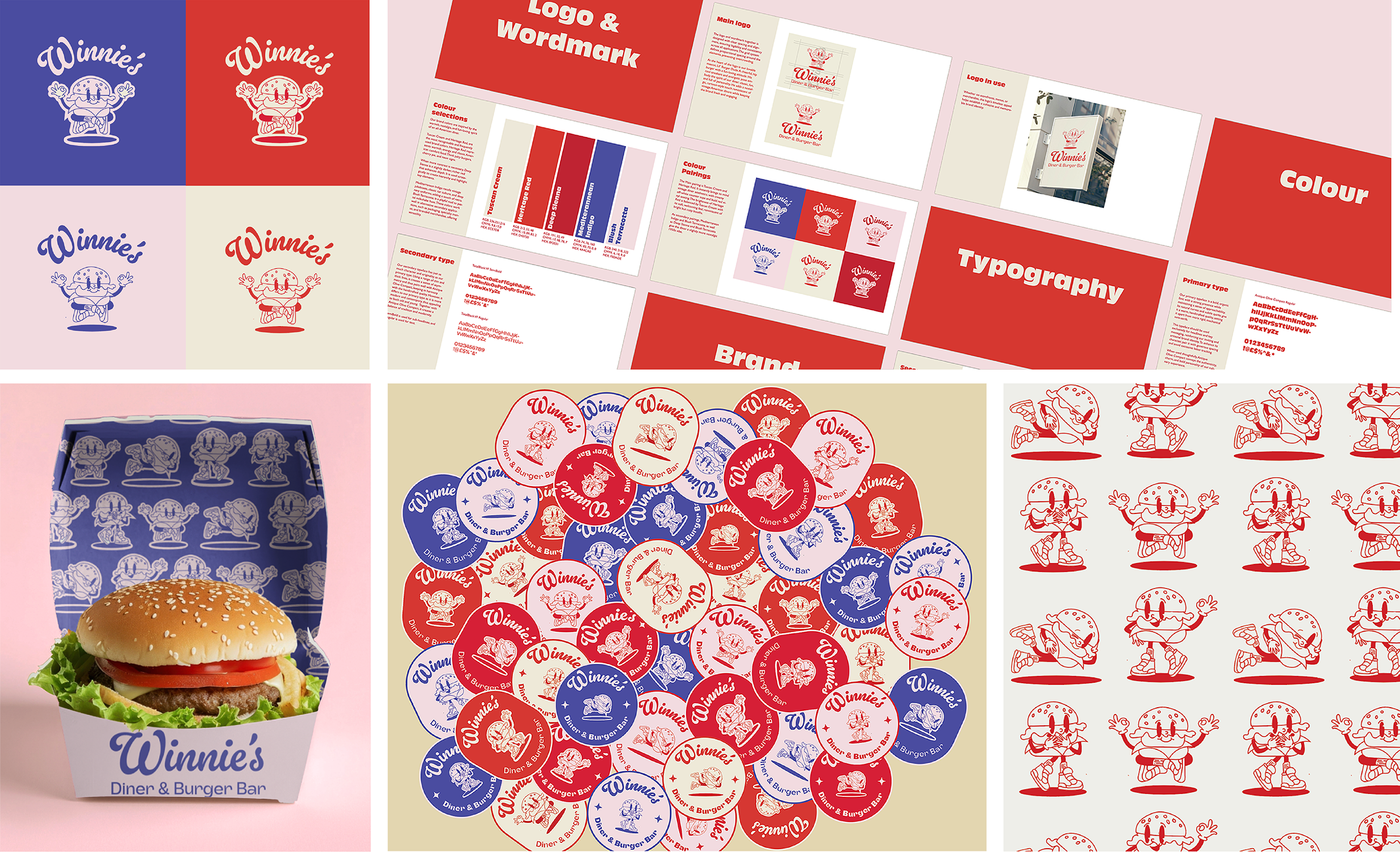 A collage displays branding materials for 'Winnie’s Diner & Burger Bar', featuring logo designs, typography, color palettes, packaging with a burger box, and round stickers in red, blue, pink and cream.