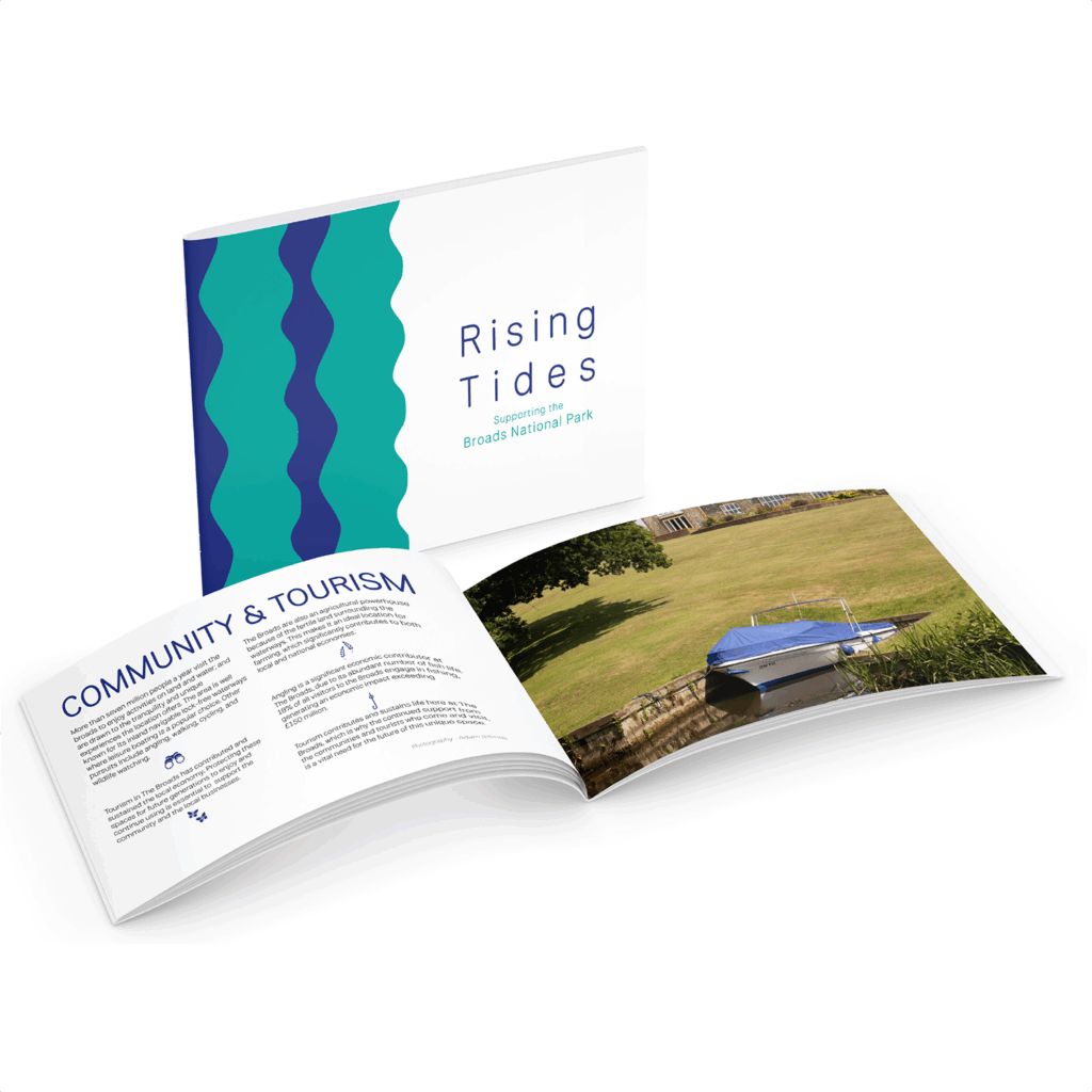 A brochure titled 'Rising Tides: Sustaining the Broads National Park' is shown, with its cover partially open to pages about 'Community & Tourism' and a photo of a blue boat on the water.