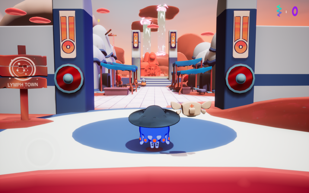 A cartoon-style game scene shows a blue mushroom character facing the entrance to “Lymph Town,” with large red buttons, sci-fi buildings, floating platforms, and a small flying robot under a pink sky. Game stats are in the top corners.