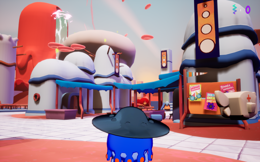 A colorful, cartoonish 3D game scene shows a blue blob-like character with a black hat in a whimsical town with rounded buildings, snow-like roofs, and vibrant signs, under a soft, pastel sky.