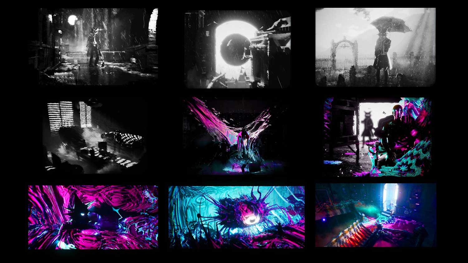 A grid of nine artworks, featuring neon colors, dark futuristic cityscapes, abstract figures, and glowing light effects in both monochrome and vibrant hues.