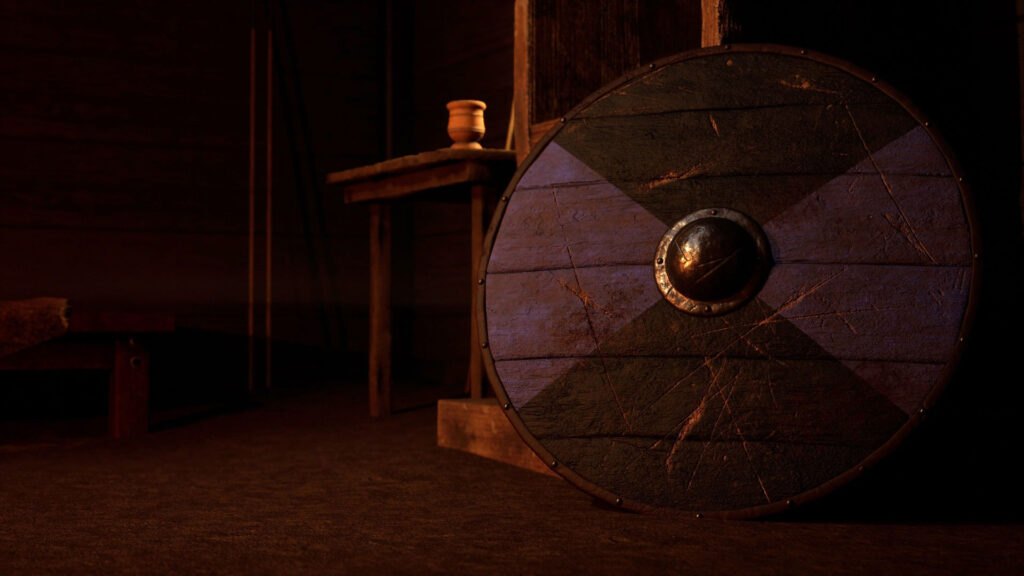 A round wooden shield with leans against a wooden bench in a dimly lit room with rustic furniture.