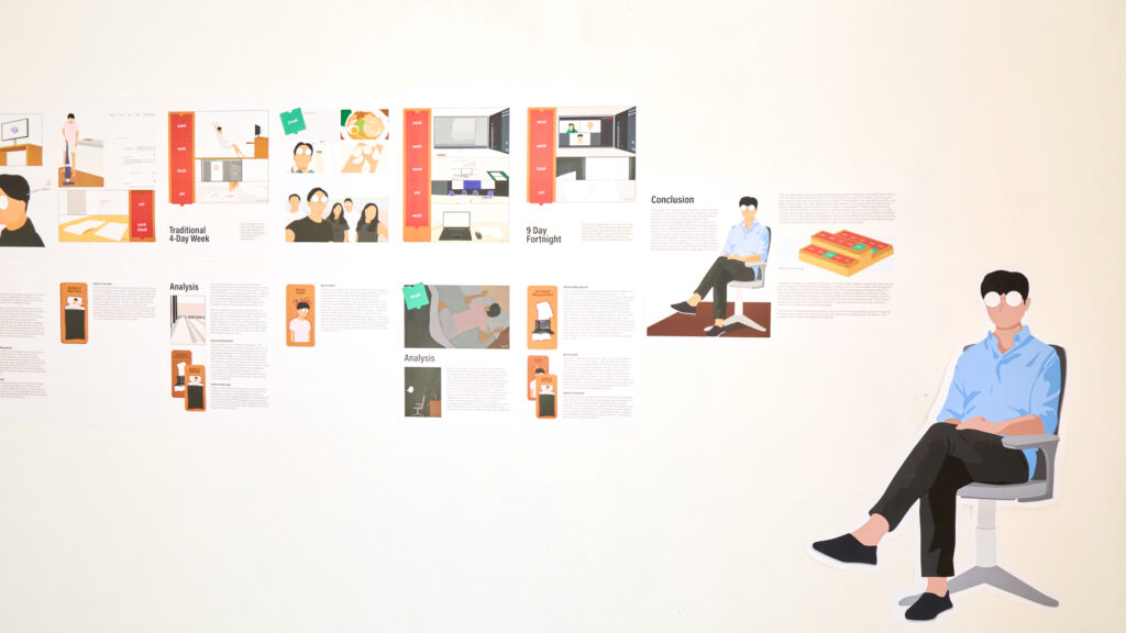 A wall display shows illustrated panels explaining different work methods with diagrams and icons. A large illustration of a seated person in a blue shirt and black pants is on the right side of the wall.
