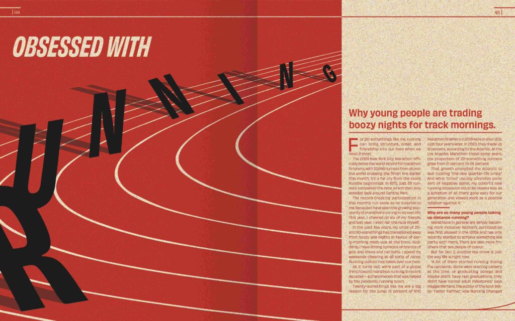 A magazine spread with a bold red and white track background. Large black letters spell “OBSESSED WITH RUNNING.” The right page features an article titled “Why young people are trading boozy nights for track mornings.”.