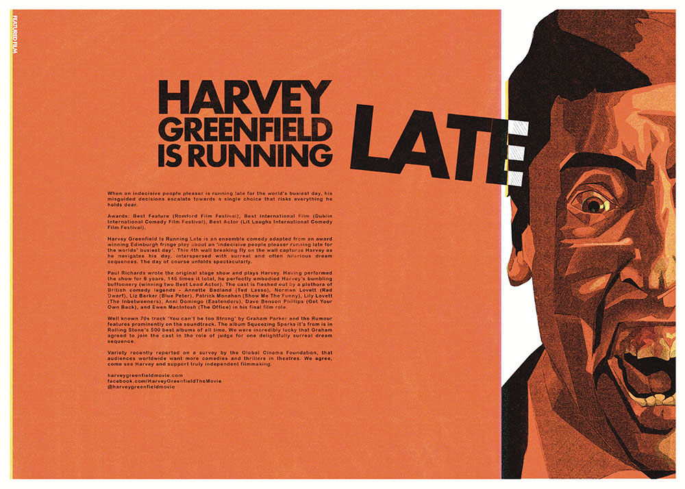 Black text on an orange background. The title reads 'Harvey Greenfield Is Running Late.' The word 'late' is tilted, overlapping a distressed, partial illustration of a man’s face on the right.