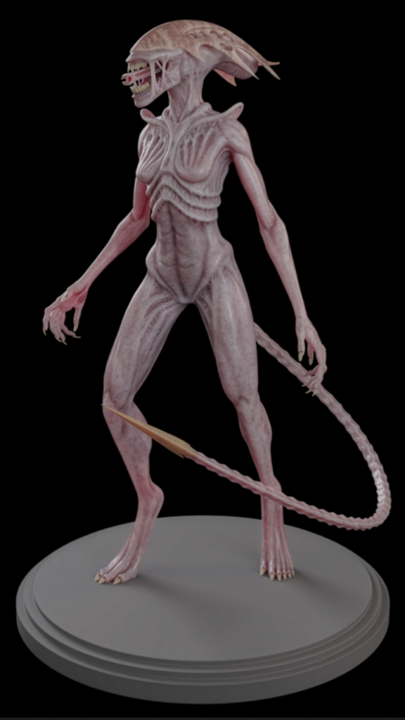 A pale pink, humanoid alien creature with elongated limbs, a long pointed tail, clawed hands and feet, and an exposed ribcage stands on a round gray platform, set against a black background.