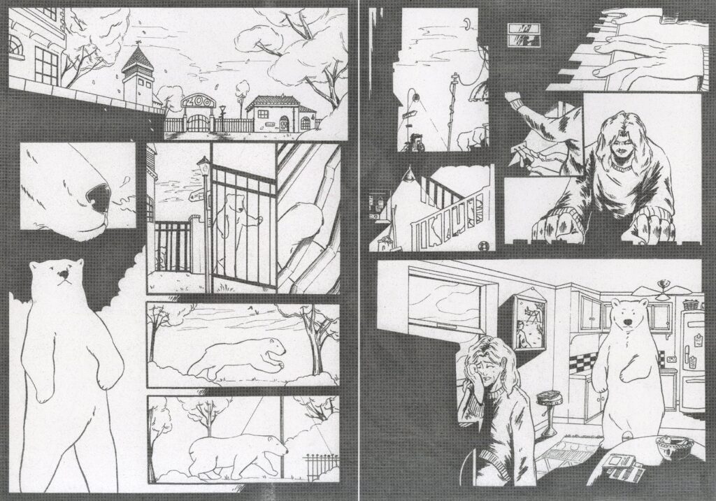 A black-and-white comic shows a polar bear escaping from a zoo, roaming the city, and entering a woman's home, where she looks surprised to find the bear standing behind her in the kitchen.