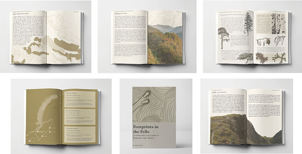 A grid of six images shows an open book titled 'Footprints in the Fells', featuring maps, landscape photos, botanical illustrations, and text about England’s Lake District. The book cover displays contour lines and the title.