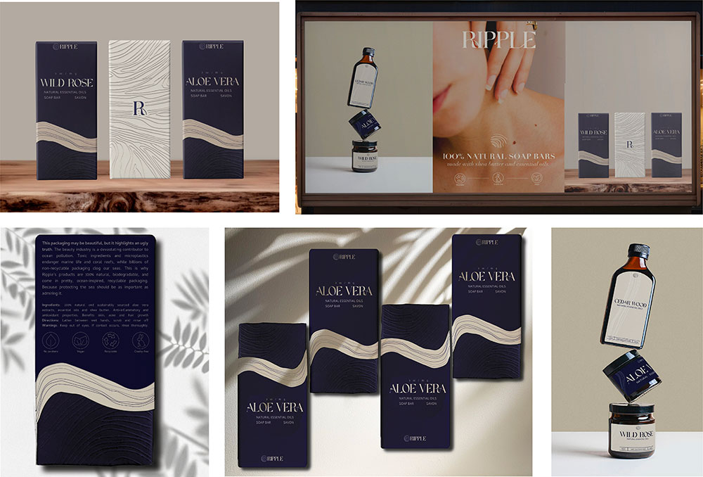 A collage shows Ripple skincare product packaging with navy and cream wavy designs, close-ups of Aloe Vera and Wild Rose boxes, and a display of products including bottles, boxes, and a billboard.