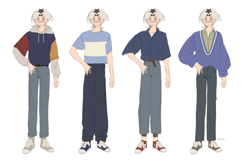 A smiling character with short white hair and a star on their forehead is shown in four different outfits: a hoodie with sneakers, a t-shirt with dark pants, a button-up shirt with sandals, and a sweater over a collared shirt with loafers.