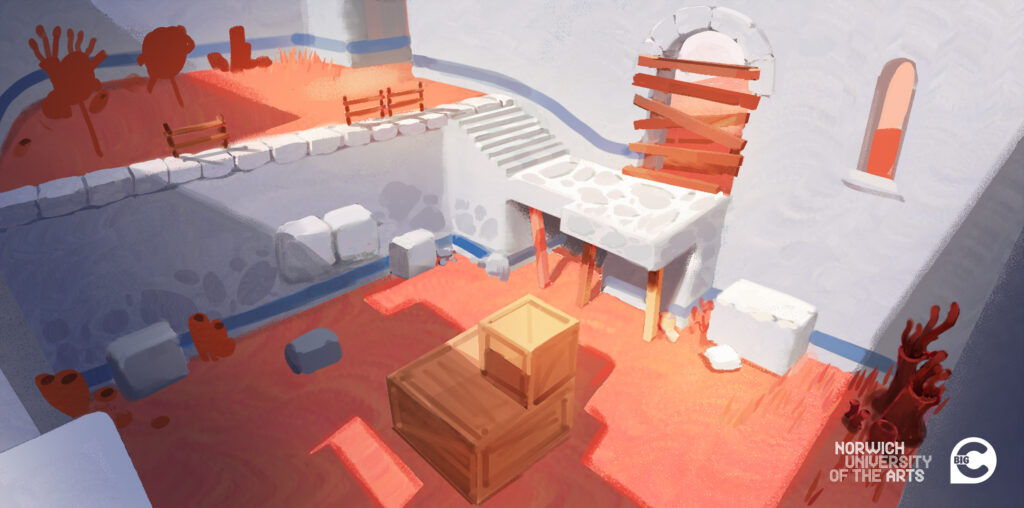 A stylized, orange and white courtyard scene with scattered wooden crates, stone benches, stairs, boarded-up doorway, grassy patches, and splashes of orange paint—perfect for an education game. Norwich University of the Arts logo in bottom right corner.