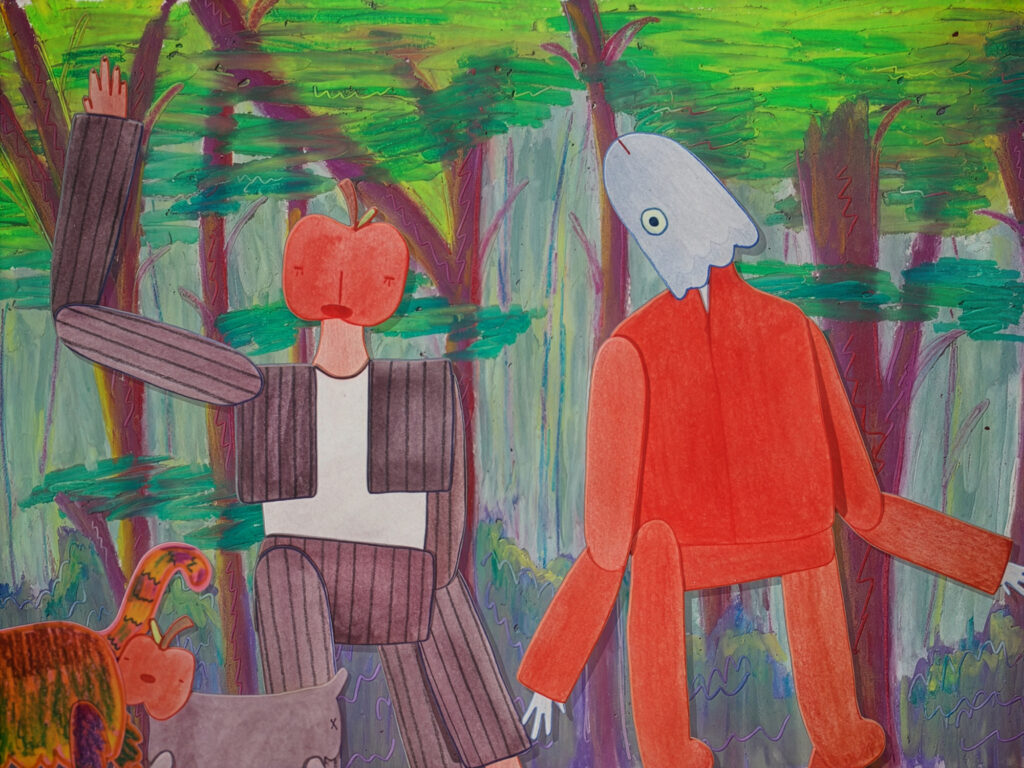 Two abstract, colourful figures stand in a forest; one has an apple for a head and striped clothes, the other has a fish head and orange body. Two cat tails are in the foreground.