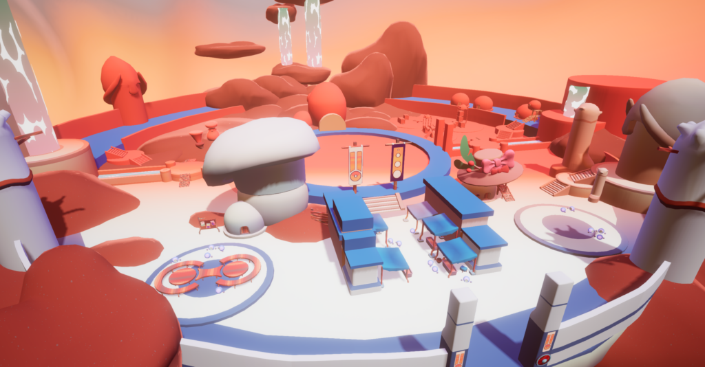 A colorful, stylized 3D education game environment features futuristic blue-roofed buildings, large mushrooms, floating platforms, trees, and flowing waterfalls under a warm, orange-pink sky.