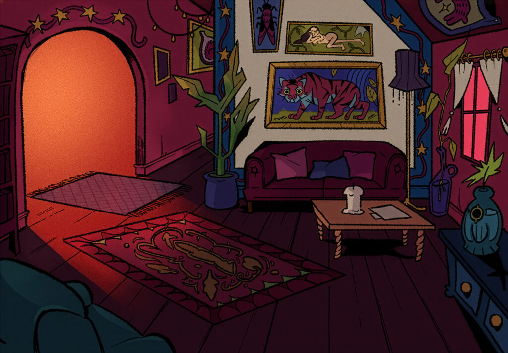 A cosy, warmly-lit living room with a red sofa, colourful patterned rug, large plant, wall art of animals, candles on a coffee table, and a glowing open door casting an orange light into the space.