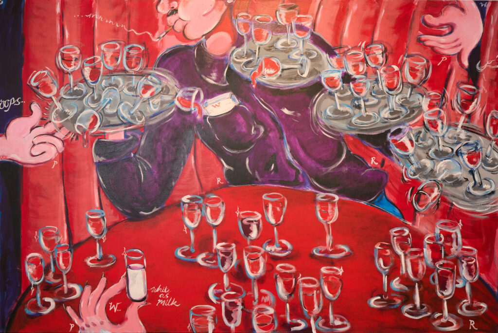 A colourful painting shows a person in a purple jacket holding two large trays filled with glasses of wine or champagne, surrounded by more glasses on a red table, with abstract hands reaching for drinks against a red curtain backdrop.