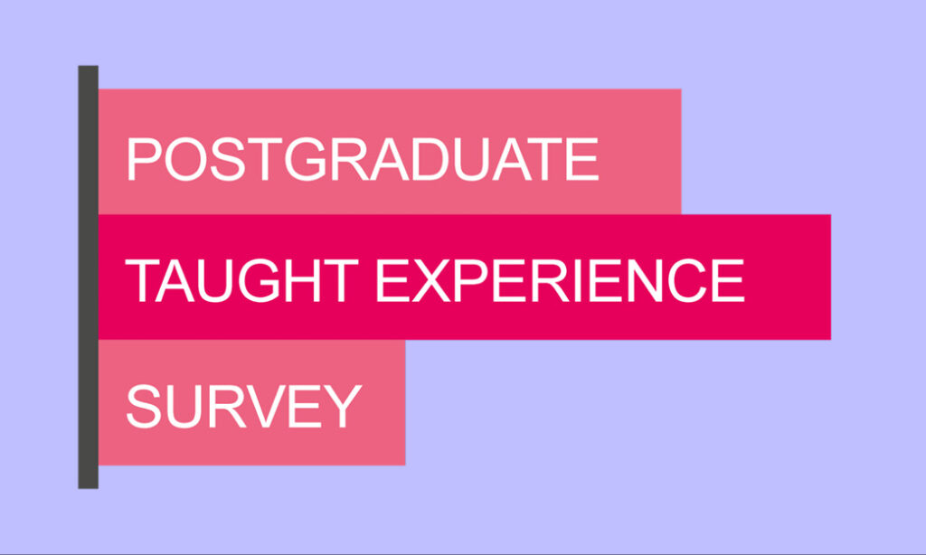 Text graphic with three overlapping pink and red rectangles on a purple background, displaying the words: "POSTGRADUATE," "TAUGHT EXPERIENCE," and "SURVEY.