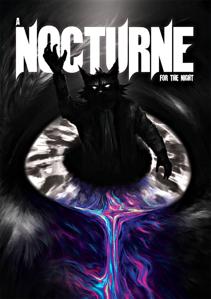 A dark, shadowy figure in a suit stands with one hand raised above a glowing, surreal eye, with swirling colorful streams flowing from the pupil. Bold text above reads “A NOCTURNE FOR THE NIGHT.”.