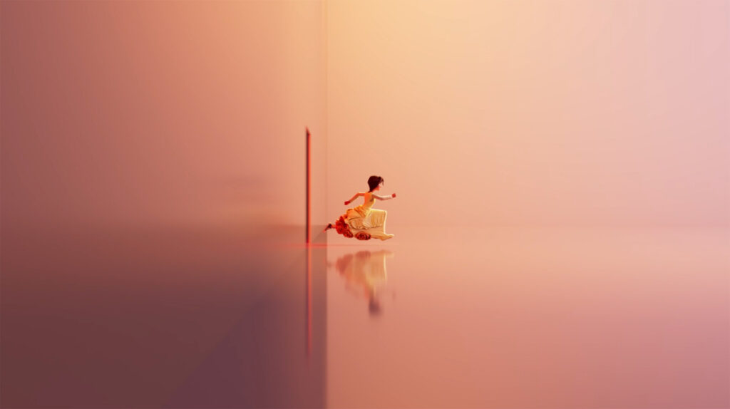 A woman in a white dress runs from a narrow red door on a shiny, reflective floor, surrounded by soft pink and peach gradients in a minimalist, surreal space.