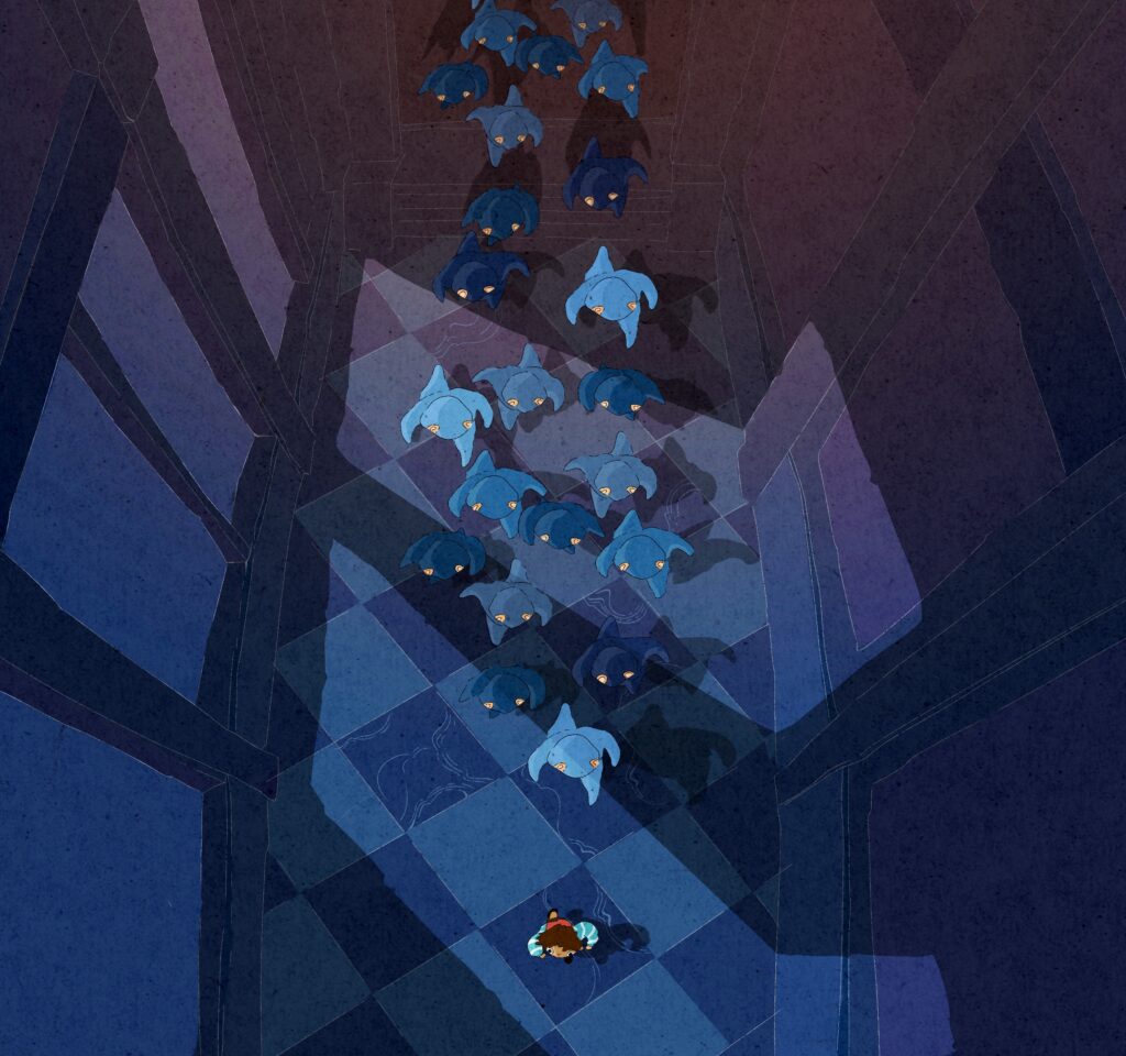 A lone person faces a group of dark, shadowy figures with glowing eyes approaching down a dimly lit, checkered hallway.
