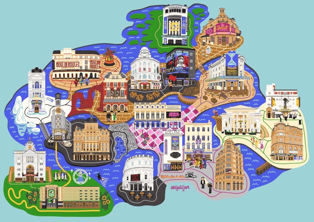 Illustrated map featuring colorful drawings of various London West End theaters, each uniquely detailed and labeled, set against a stylized cityscape with blue water and golden streets.
