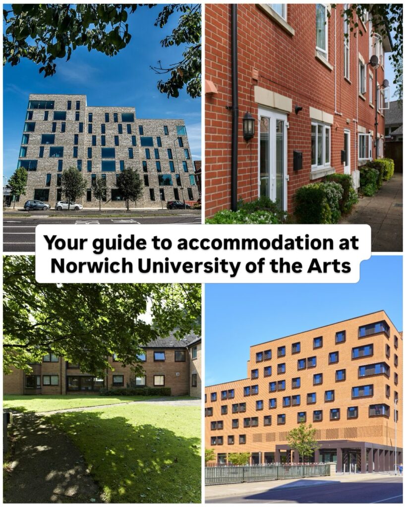 A collage shows four student accommodation buildings with various architectural styles, trees, and lawns, with the text “Your guide to accommodation at Norwich University of the Arts” in the center.