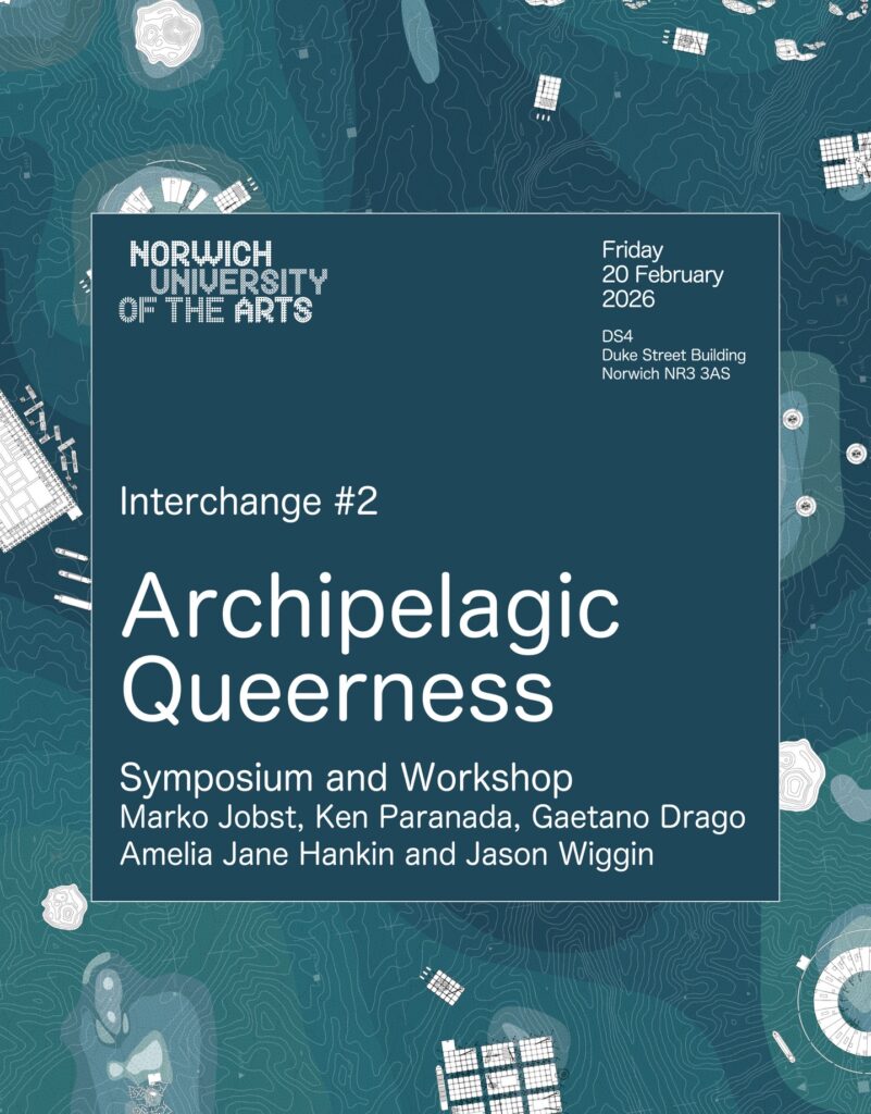 Event poster with an abstract blue map-like background and white text. It advertises "Archipelagic Queerness: Symposium and Workshop" at Norwich University of the Arts, happening 20 February 2026.