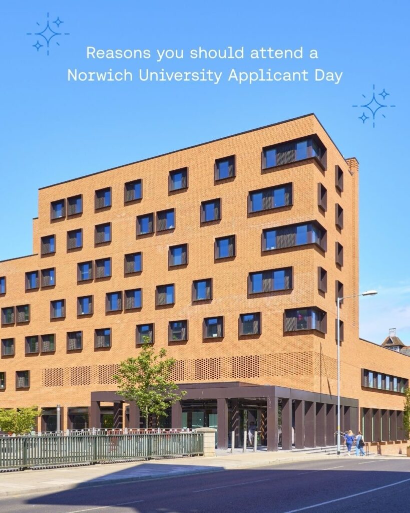 A modern, multi-story brick building with large windows under a clear blue sky. Text above reads: "Reasons you should attend a Norwich University Applicant Day.