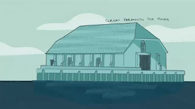Illustration of the Great Yarmouth Ice House, a large waterside building with a sloped roof, arched windows, and "Great Yarmouth Ice House" written above it, set against a simple, muted background.