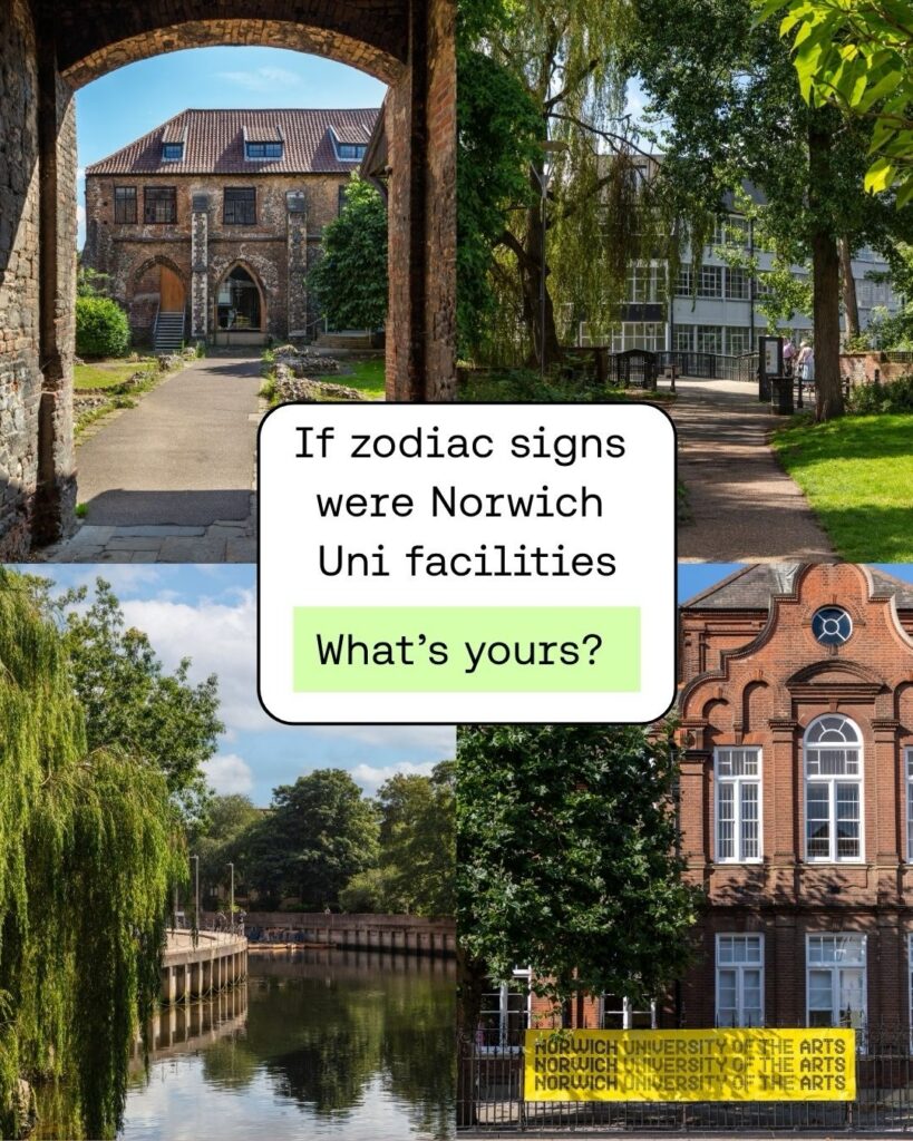 A collage of four photos of Norwich University of the Arts buildings and grounds, with text in the center reading, "If zodiac signs were Norwich Uni facilities. What's yours?.