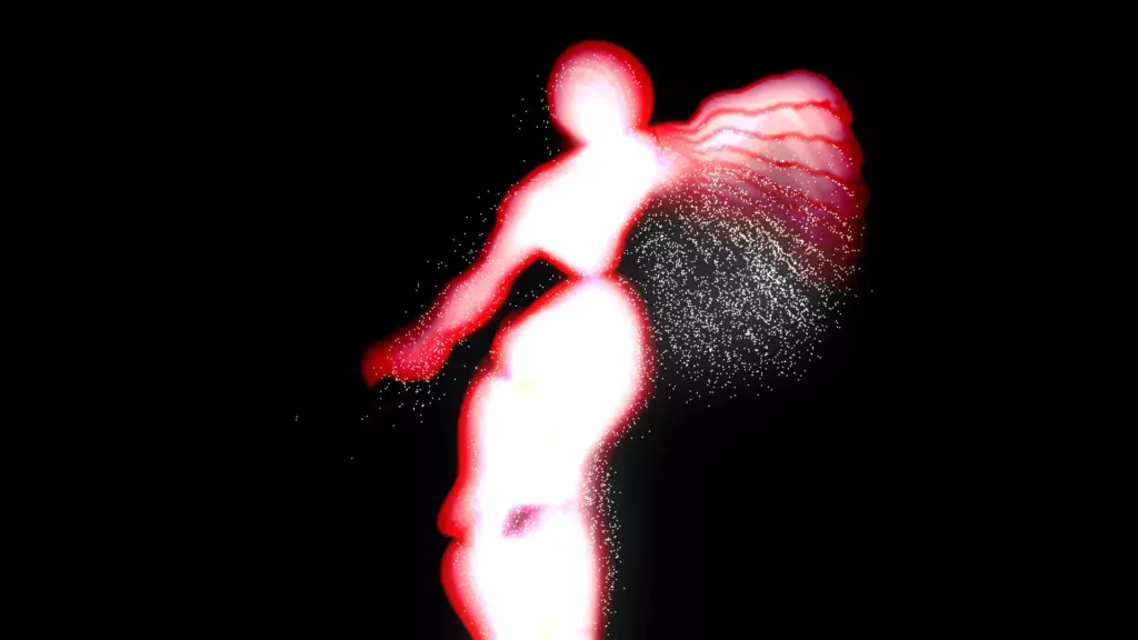 A glowing abstract figure with red and white light trails stands against a black background, with sparkling particles streaming from its extended arm and back.