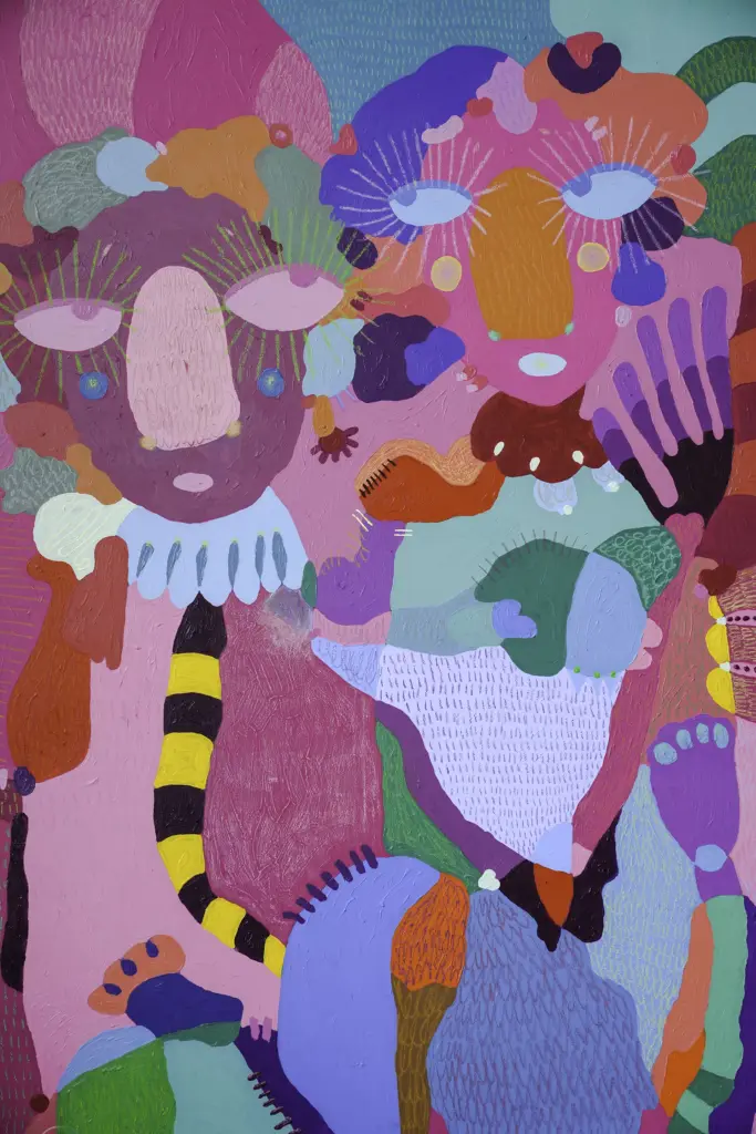 Colourful abstract painting featuring two whimsical figures with large eyes, layered shapes, and bold patterns in pink, blue, green, orange, and yellow hues. The scene is playful and surreal.